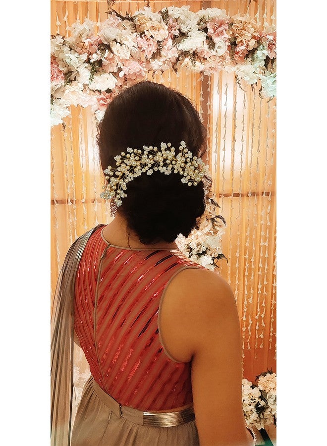 La belleza White Pearl Crystal Golden Wedding Hair Accessory Tiara Hair Side Comb Floral Hair Crown Hair Clip/Side Pin For Girls And Women Wedding Hair Accessory Comb Floral Headband In Rhinestones - Image 2