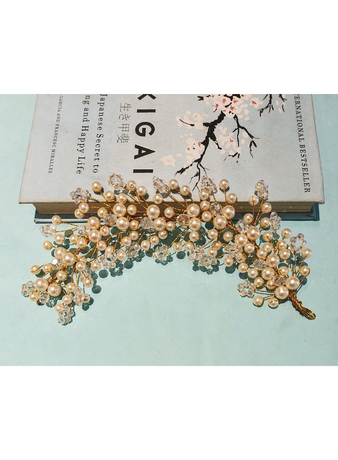 La belleza White Pearl Crystal Golden Wedding Hair Accessory Tiara Hair Side Comb Floral Hair Crown Hair Clip/Side Pin For Girls And Women Wedding Hair Accessory Comb Floral Headband In Rhinestones - Image 3