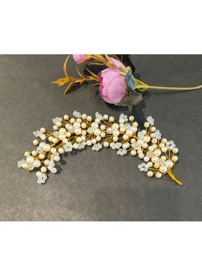 La belleza White Pearl Crystal Golden Wedding Hair Accessory Tiara Hair Side Comb Floral Hair Crown Hair Clip/Side Pin For Girls And Women Wedding Hair Accessory Comb Floral Headband In Rhinestones - Image 4