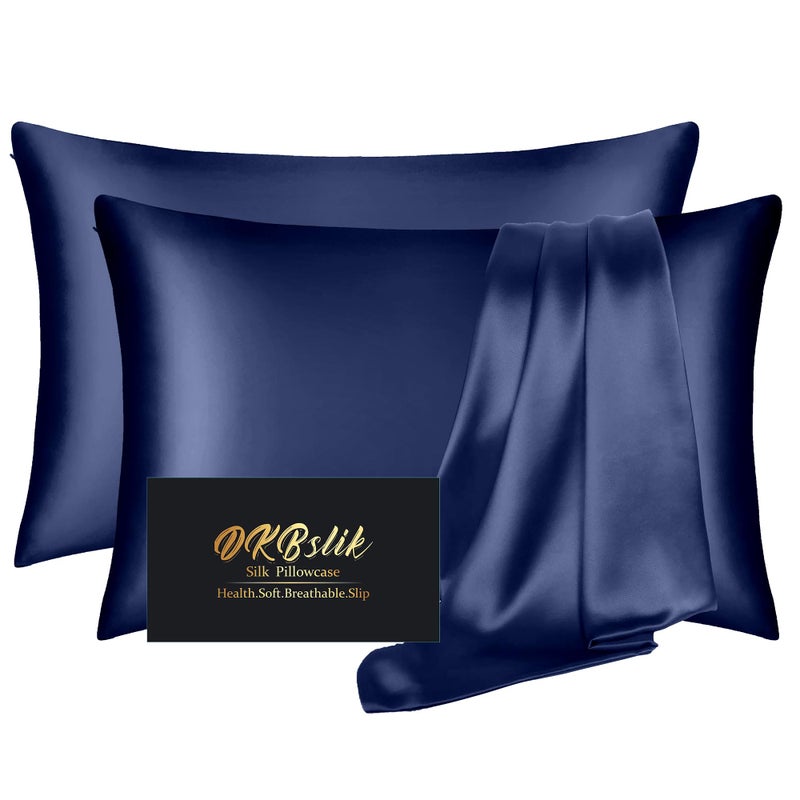 DKBslik Silk Pillowcase 2 Pack, Mulberry Silk Pillow Cases Queen Size Set of 2, Anti Acne Silk Pillowcase for Hair and Skin, Natural Silk Satin Pillowcases Gifts for Women Men 2 Pack with Zipper, Navy Blue - Image 1