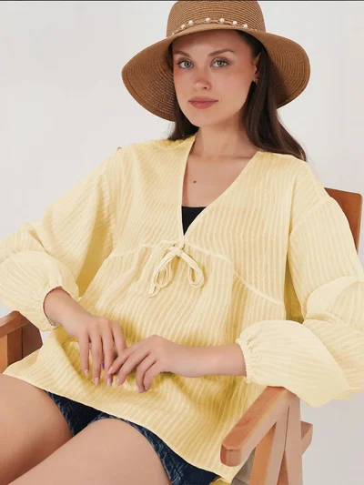 BIG DART BDART Textured Seersucker V-Neck Blouse with Bow Tie