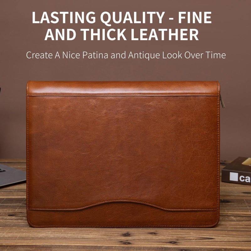 YIWEN Handmade Leather 3 Ring Binder Portfolio with Front Pocket, Zippered Padfolio for 8.5 x 11â€ Notepad and 13" Tablet, Professional Business Travel Organizer (Brown, Pull-up Leather) - Image 2