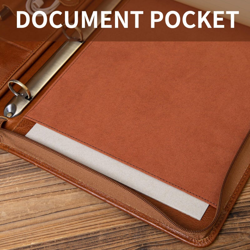 YIWEN Handmade Leather 3 Ring Binder Portfolio with Front Pocket, Zippered Padfolio for 8.5 x 11â€ Notepad and 13" Tablet, Professional Business Travel Organizer (Brown, Pull-up Leather) - Image 5