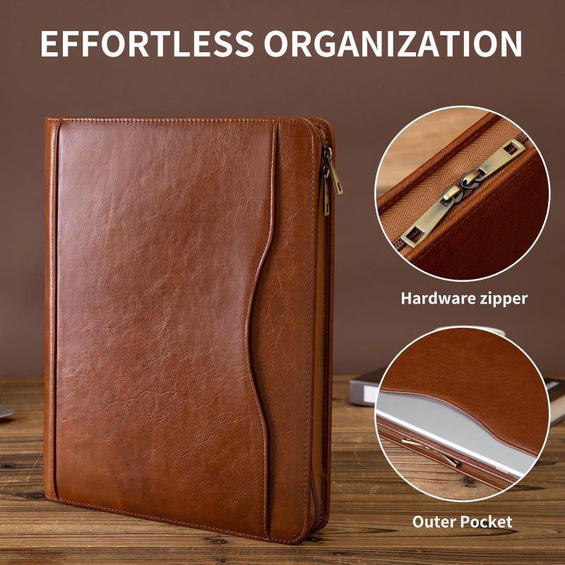 YIWEN Handmade Leather 3 Ring Binder Portfolio with Front Pocket, Zippered Padfolio for 8.5 x 11â€ Notepad and 13" Tablet, Professional Business Travel Organizer (Brown, Pull-up Leather) - Image 3