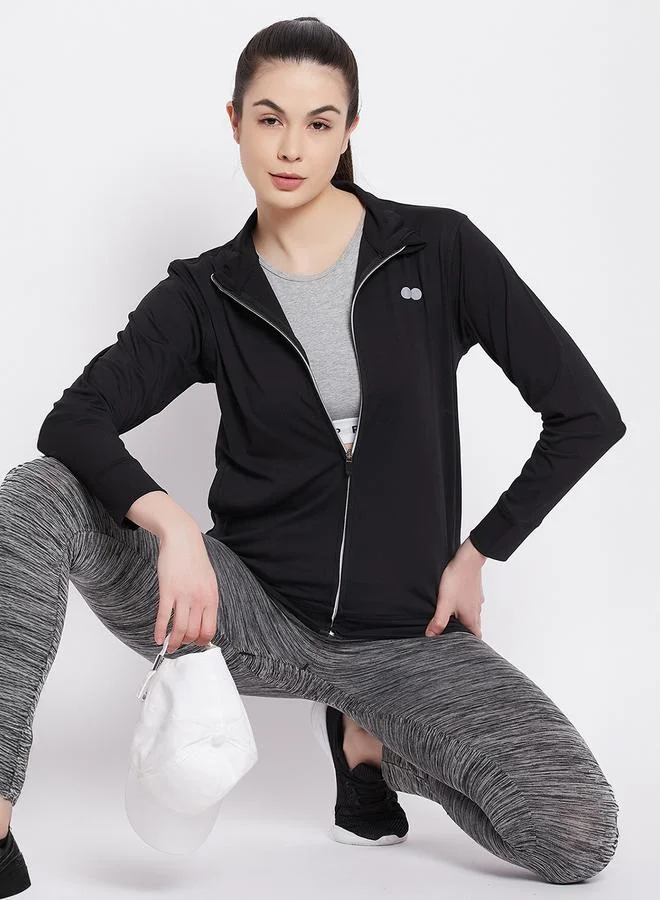 كلوفيا Black Solid Activewear Zip-Up Jacket