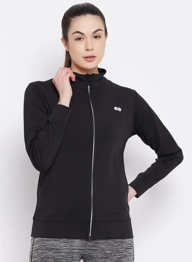 كلوفيا Black Solid Activewear Zip-Up Jacket