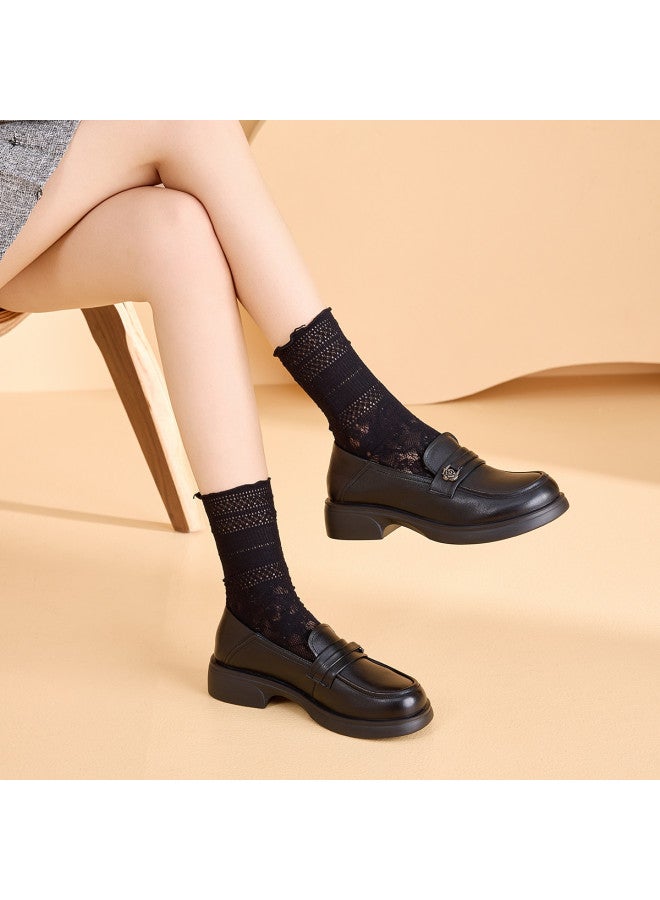 Old Man'S Head Plus Size】genuine Leather Loafers For Women - 2025 Spring New Round-toe Casual Slip-on Shoes With Chunky Heel - Image 3