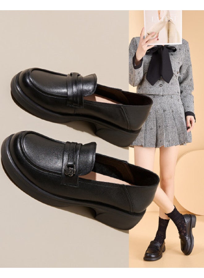 Old Man'S Head Plus Size】genuine Leather Loafers For Women - 2025 Spring New Round-toe Casual Slip-on Shoes With Chunky Heel - Image 1