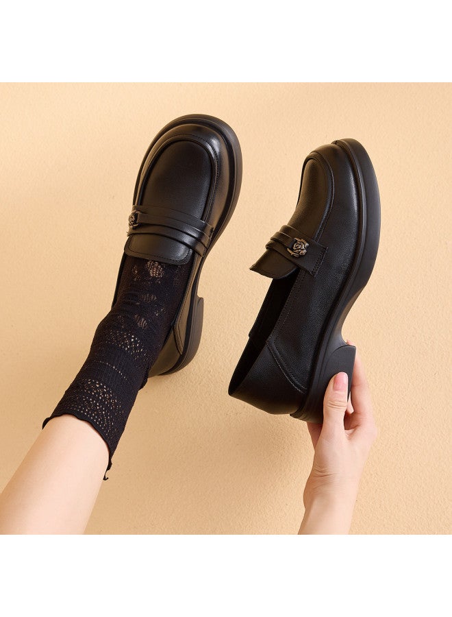 Old Man'S Head Plus Size】genuine Leather Loafers For Women - 2025 Spring New Round-toe Casual Slip-on Shoes With Chunky Heel - Image 5