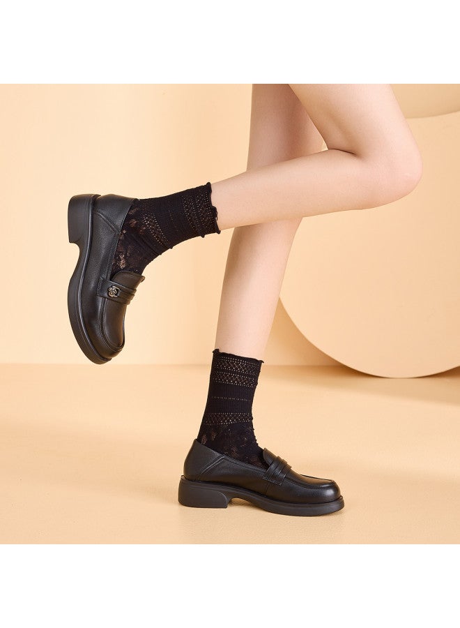 Old Man'S Head Plus Size】genuine Leather Loafers For Women - 2025 Spring New Round-toe Casual Slip-on Shoes With Chunky Heel - Image 4