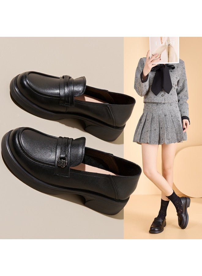 Old Man'S Head Plus Size】genuine Leather Loafers For Women - 2025 Spring New Round-toe Casual Slip-on Shoes With Chunky Heel - Image 2