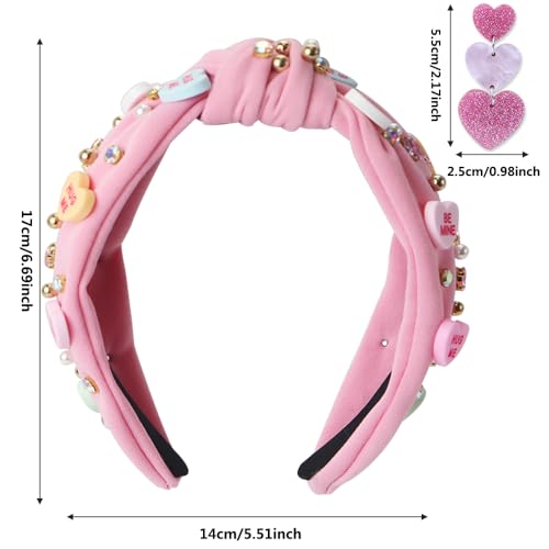 Gosuoa Valentine's Day Headband for Women,knotted Headband for Women,Red Pink Jeweled Rhinestone Crystal Top Knot Headbands Valentine’s Day Hair Accessories for Girls Womens - Image 2