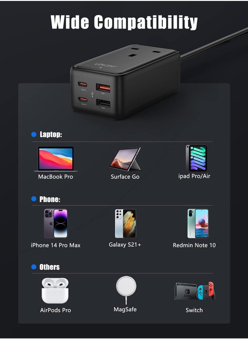 لينسينت شاحن حائط سريع بقدرة 65 وات USB C مزود بـ 4 منافذ مع 1 Ac+4 منافذ USB Pd شاحن سطح المكتب متوافق مع أجهزة الكمبيوتر المحمول Macbook Ipad Pro Iphone والمزيد باللون الأسود  - Image 5