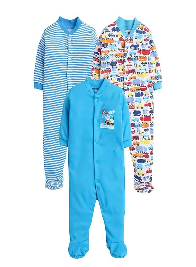 EIO 100% Cotton Rompers/Sleep Suits/Jumpsuit/Night Suits for Baby Boys & Girls, Infants, New Born Pack of 3 Turquoise - Image 1