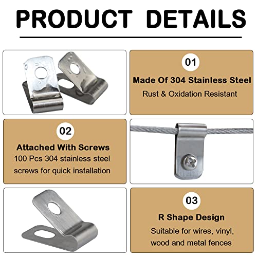 LSGCQ Wire Fence Clips Metal 100 Pcs Wire Clamps Stainless Steel Fencing Mounting Clips with 100 Pcs Stainless Steel Screws for 12-16 Gauge Welded Clamps to Wood, Metal or Vinyl Railings (100 PCS) - Image 3