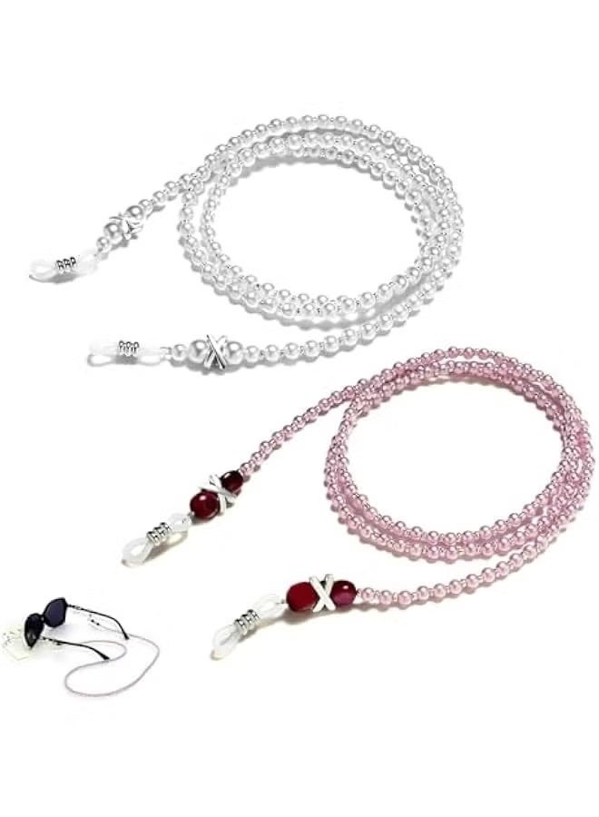 2-Piece Elegant Pearl Eyeglass Chain Beaded Sunglasses Strap Anti-Slip Neck Cord Lanyard Imitation Eyewear White Pink Women Girls - Image 1