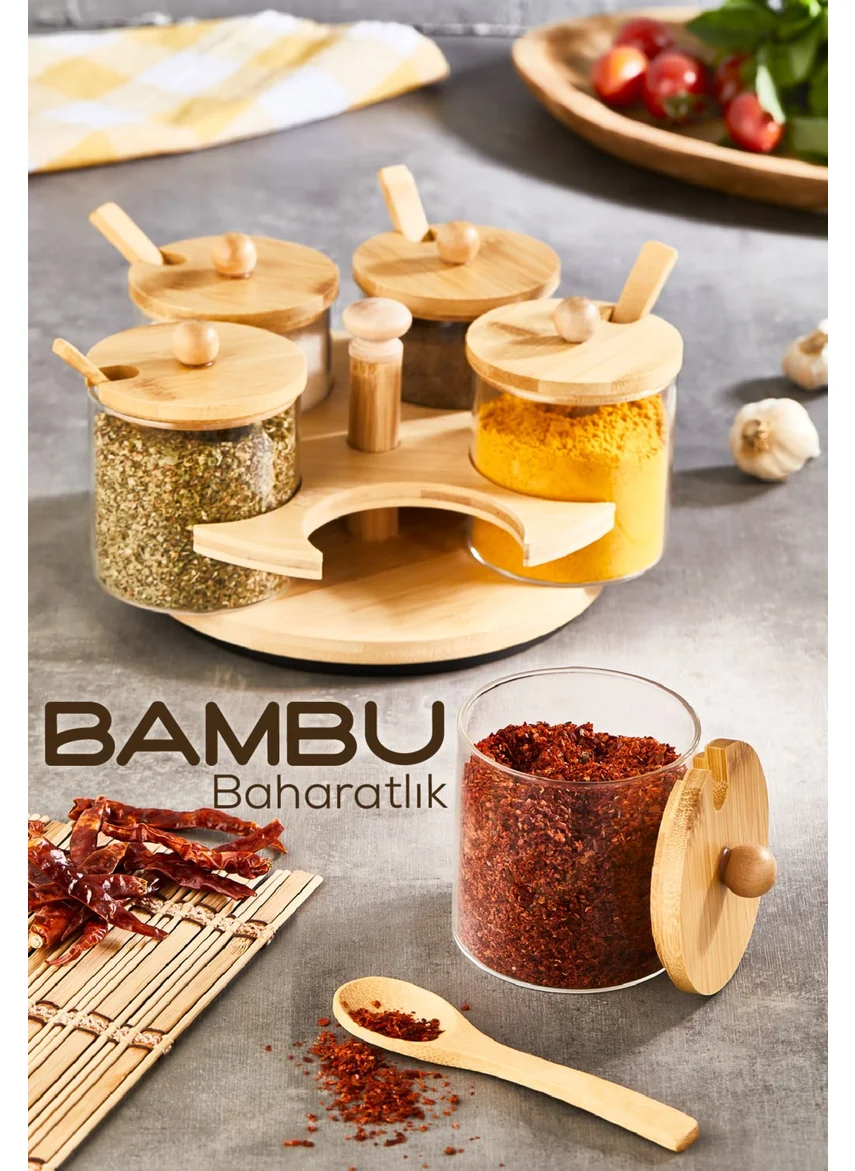 Vienev 5-Piece Glass Spice Rack with Bamboo Stand and Spoon