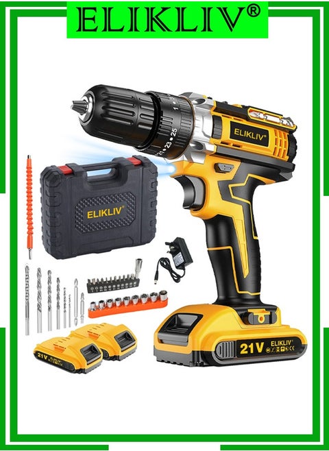 ELIKLIV 21V Cordless Drill, 3/8 Inch Power Drill Set with Lithium Ion Battery and Charger, Electric Drill with Variable Speed, 19 Positions and 24-Pieces Drill/Driver Accessories Kit