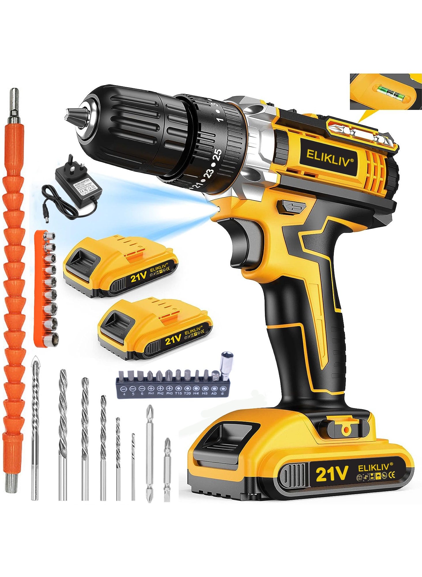 ELIKLIV 21V Cordless Drill, 3/8 Inch Power Drill Set with Lithium Ion Battery and Charger, Electric Drill with Variable Speed, 19 Positions and 24-Pieces Drill/Driver Accessories Kit 