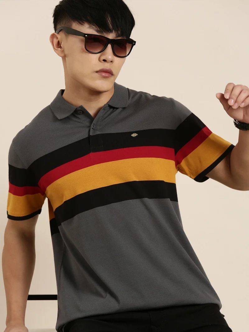 Joven Dark Grey Striped Polo T-Shirt for Men