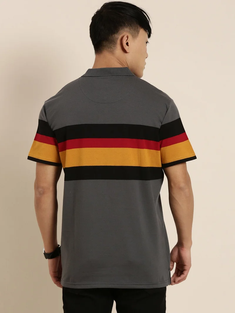 Joven Dark Grey Striped Polo T-Shirt for Men