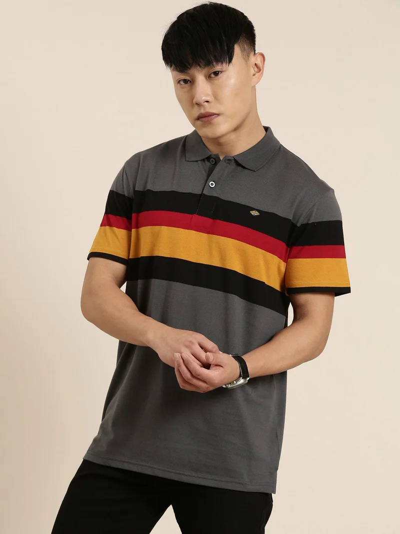 Joven Dark Grey Striped Polo T-Shirt for Men