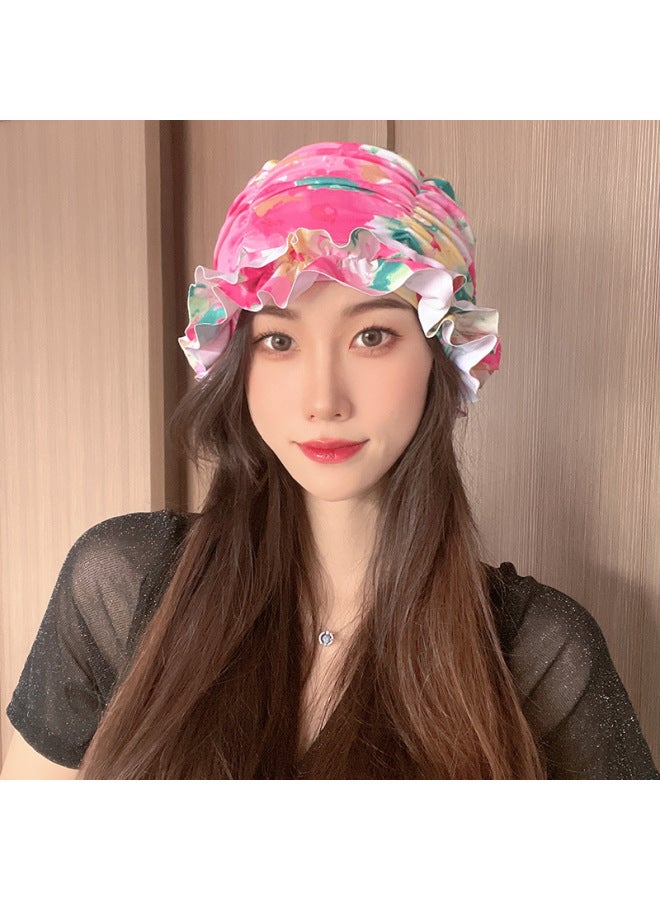 Swimming Cap Women's Long Hair Special Cute Korean Japanese Style Showing Face Small Big Head Circumference Color Adult Cloth Style-Color:Phoenix Flower