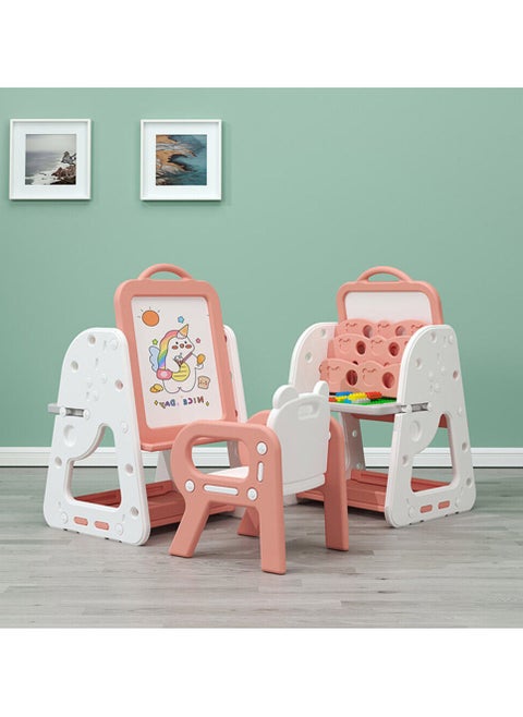 Multifunctional Study Table and Chair Set 3 in 1  ,Art Easel with Bookshelf ,Foldable Desktop and  Adjustable Standing Easel