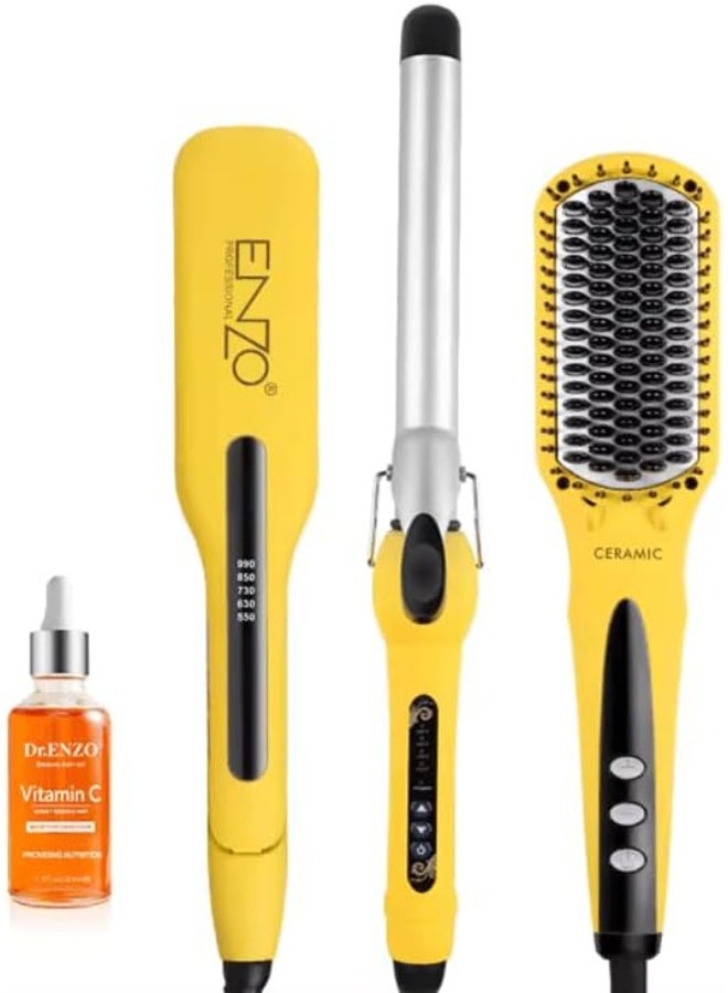 ENZO Professional EN-3955-W 3-in-1 Platinum Collection Hair Styling kit - Versatile Hot Air Brush, Straightener, and Curling Iron with Platinum Ceramic Technology-Intl Version