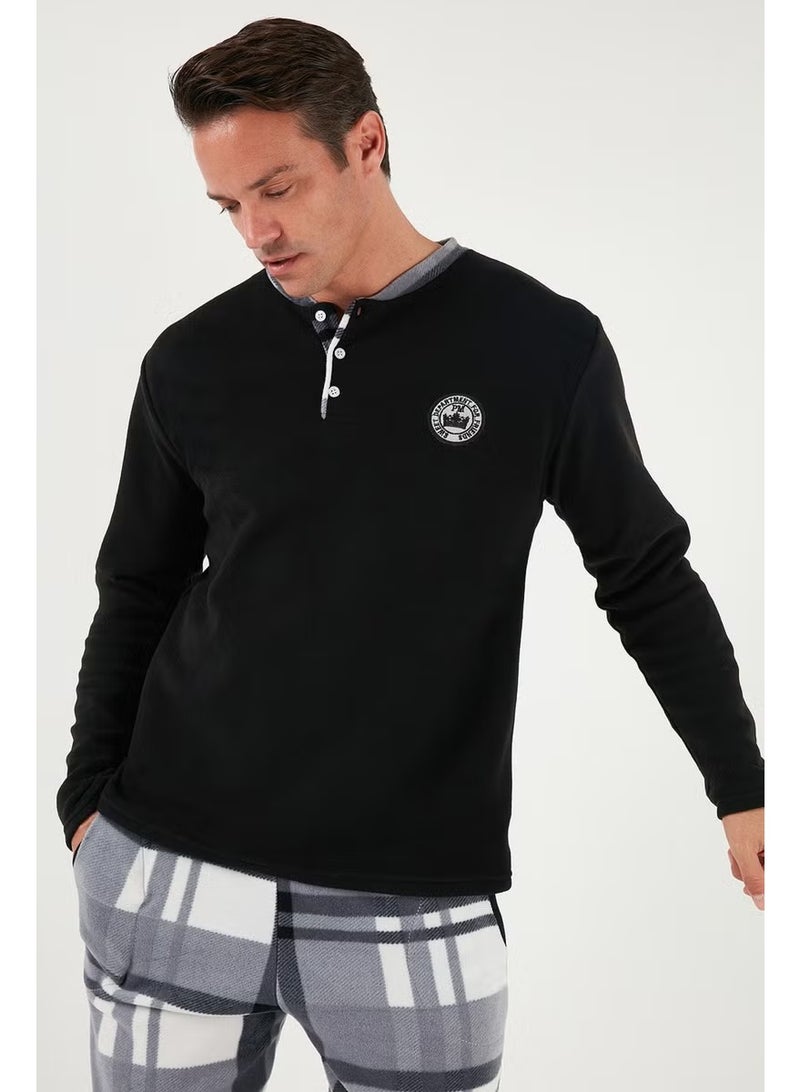 Buratti Plaid Regular Fit Buttoned Crew Neck Winter Fleece Pajama Set Men's Pajama Set 60961008 - Image 2