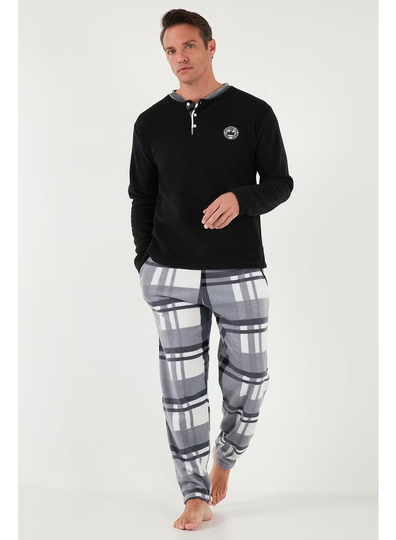 Buratti Plaid Regular Fit Buttoned Crew Neck Winter Fleece Pajama Set Men's Pajama Set 60961008 - Image 3