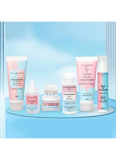 Glamveda Korean Glass Skin Rice & Ceramide 7 Step Weekly Skincare Routine For Women With Gift Box | Face Wash, Peel Off Mask, Toner, Serum, Under Eye Cream, Moisturizer & Sunscreen  - Image 1