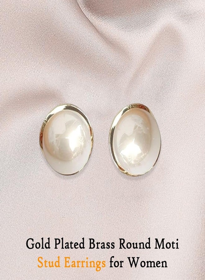 FHF Gold Plated Brass Round Moti Stud Earrings for Women & Girls | 2 cm | Lightweight Earring Set - Image 4