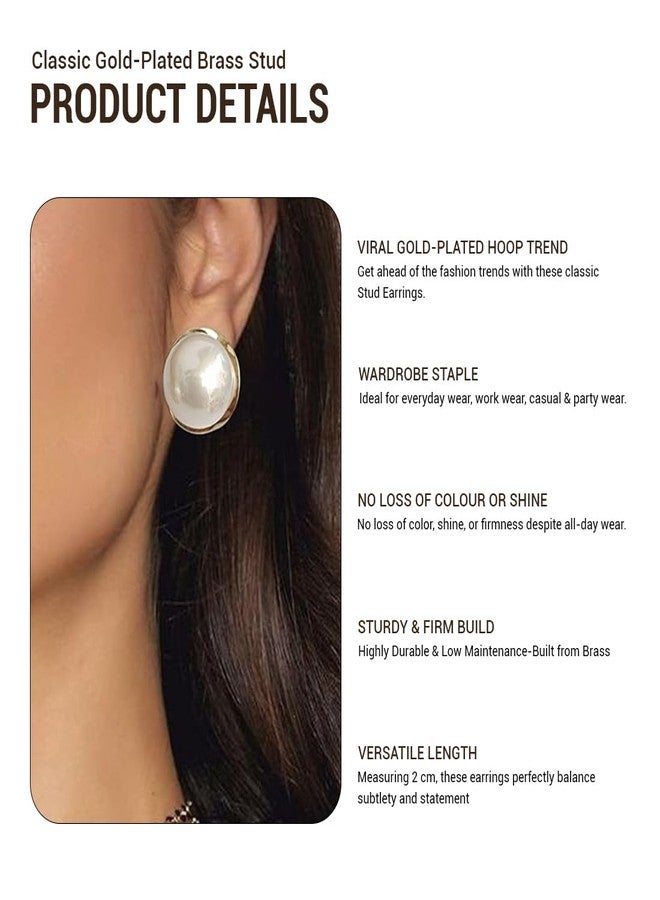 FHF Gold Plated Brass Round Moti Stud Earrings for Women & Girls | 2 cm | Lightweight Earring Set - Image 5