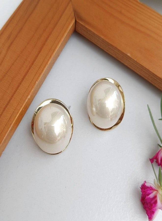 FHF Gold Plated Brass Round Moti Stud Earrings for Women & Girls | 2 cm | Lightweight Earring Set - Image 2