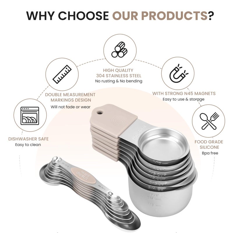 HOUJIP Magnetic Measuring Cups and Spoons Set-Heavy Duty 304 Stainless Steelï¼ŒDouble Measurement Markingsï¼ŒSet of 16 with Leveler for Measure Dry and Liquid Ingredients (khaki) - Image 2