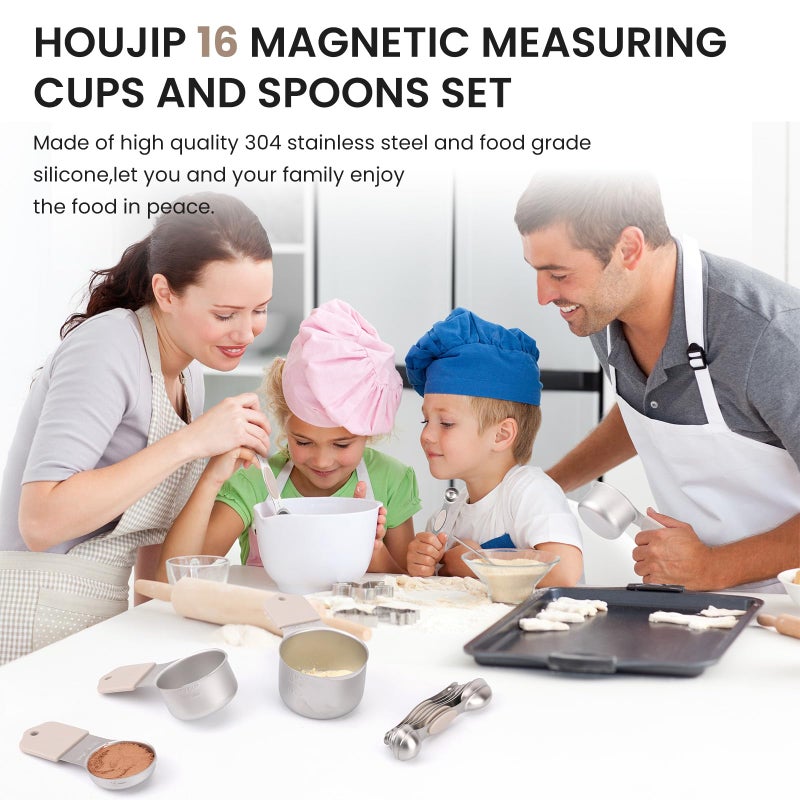 HOUJIP Magnetic Measuring Cups and Spoons Set-Heavy Duty 304 Stainless Steelï¼ŒDouble Measurement Markingsï¼ŒSet of 16 with Leveler for Measure Dry and Liquid Ingredients (khaki) - Image 3