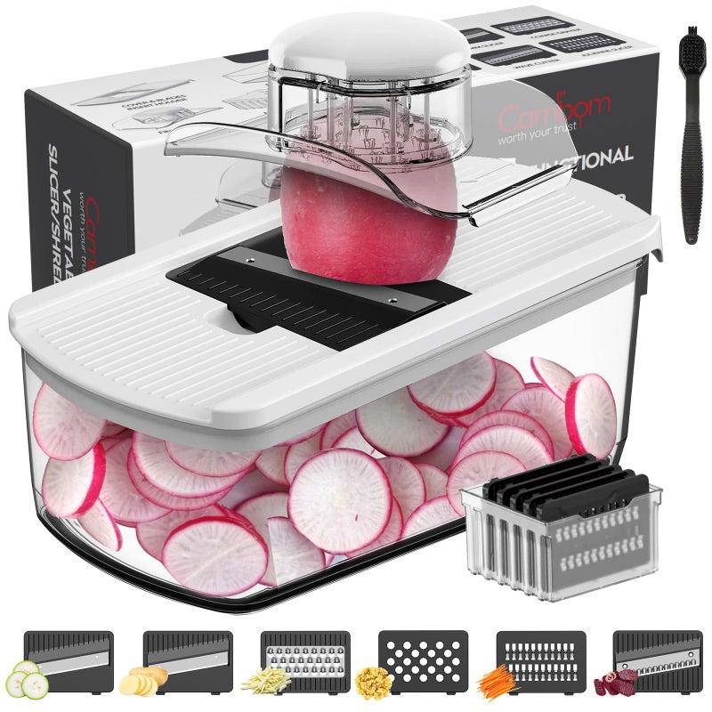 Cambom Cambom Mandoline Slicer Vegetable Slicer With 2 L Container for Potatoes Tomatoes Cucumbers Carrots With 10 Blades White