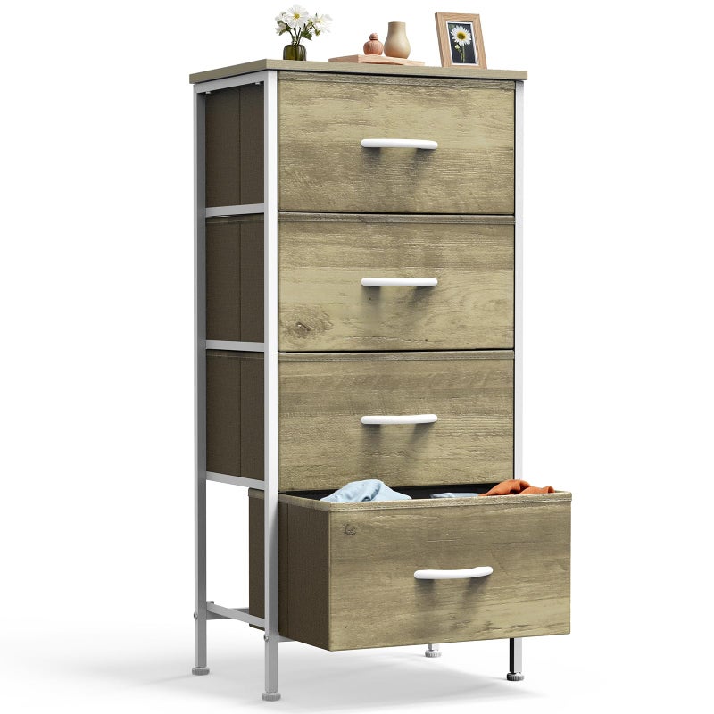DUMOS Nightstand with 4 Drawers Bedside Table with Removable Fabric Bins Sturdy Steel Frame Wood Top Organizer Furniture for Bedroom Closet Living Room,Oak Greige - Image 1
