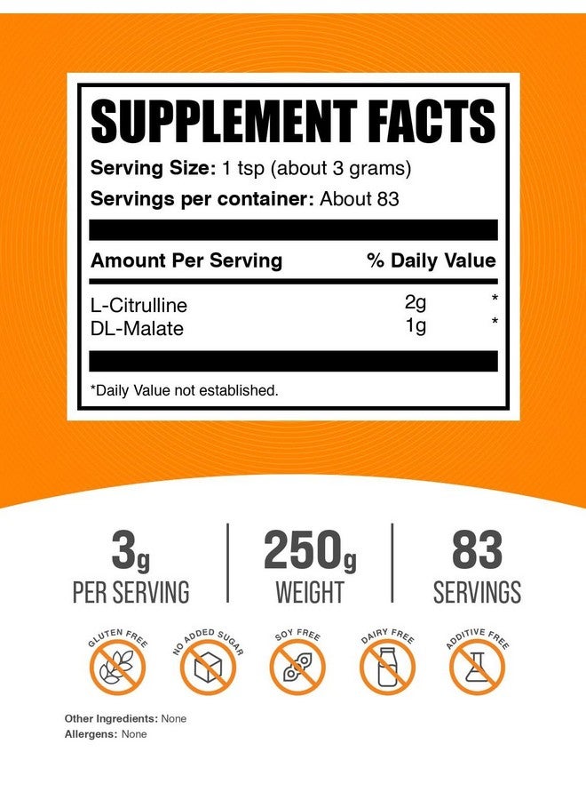 بالك سابلمنتس مسحوق مالات السيترولين ٢:١ من BulkSupplements.com - مُعزز أكسيد النيتريك، مُكمّل مالات السيترولين - بدون نكهة وخالي من الغلوتين - ٣ غرام لكل حصة، ٢٥٠ غرام (٨.٨ أونصة) (عبوة من قطعة واحدة) - Image 2
