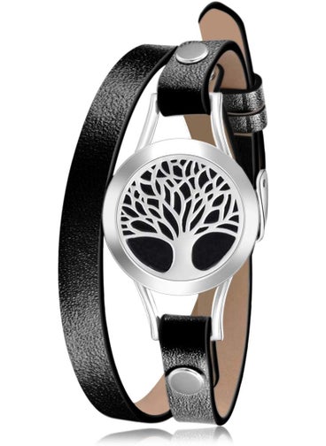 mEssentials Wild Essentials Tree of Life Essential Oil Bracelet Diffuser, Leather Wrap Band, Stainless Steel Locket Pendant, 12 Color Refill Pads, Customizable Color Changing Perfume Jewelry, Aromatherapy, Black 
