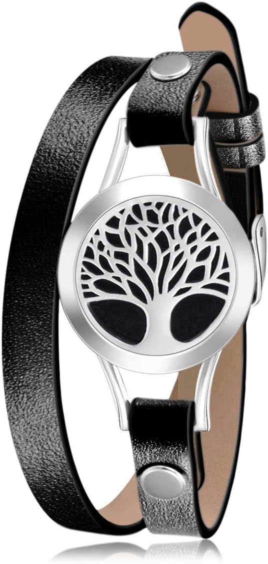 mEssentials Wild Essentials Tree of Life Essential Oil Bracelet Diffuser, Leather Wrap Band, Stainless Steel Locket Pendant, 12 Color Refill Pads, Customizable Color Changing Perfume Jewelry, Aromatherapy, Black 
