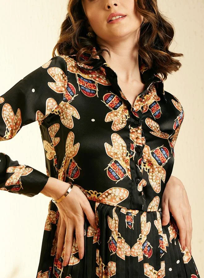 StyleStone Stylestone All-Over Print Satin Pleated Knee Length Dress