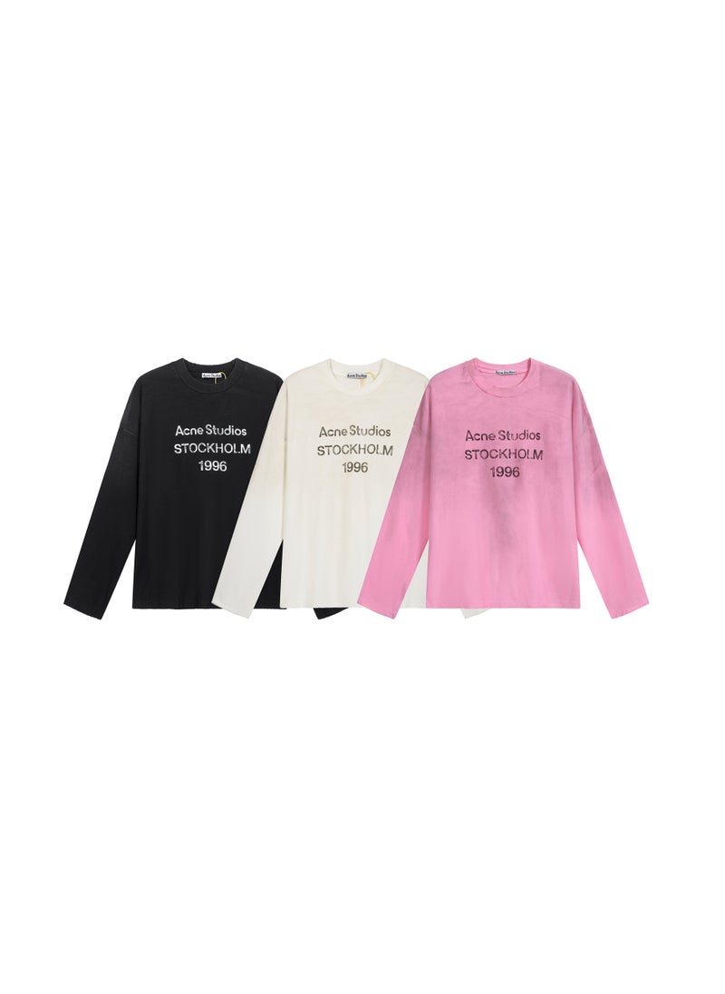 Generic - Vintage Logo Letter Print Long Sleeve T-Shirt Base Shirt Correct Edition AC Spring Summer 1996 Distressed Cotton Top for Youth White - Image 1