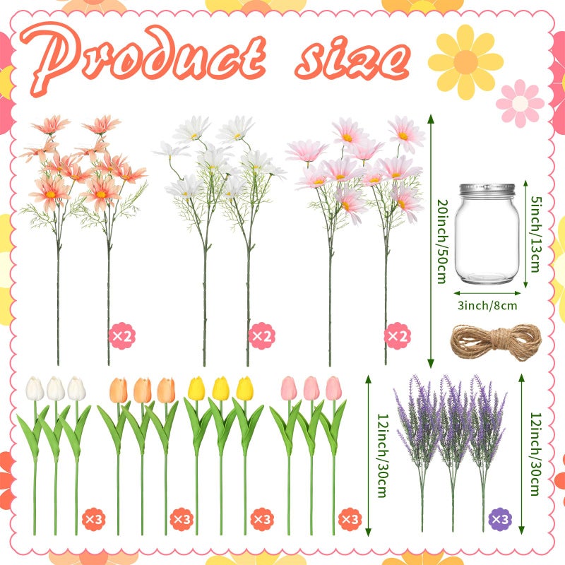 FineCheer 3 Pcs Artificial Flowers with Vase Spring Fake Wildflower Flowers in Vase for Home Decor Lavender Tulip Daisy Faux Floral Arrangement for Table Centerpieces Farmhouse Coffee Table Decor - Image 2