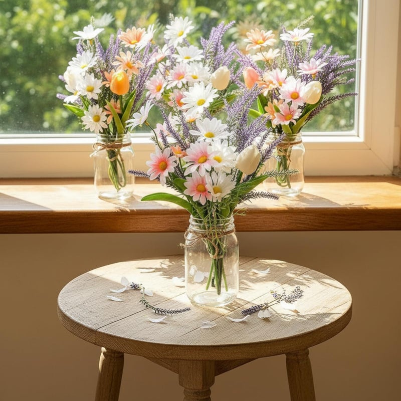 FineCheer 3 Pcs Artificial Flowers with Vase Spring Fake Wildflower Flowers in Vase for Home Decor Lavender Tulip Daisy Faux Floral Arrangement for Table Centerpieces Farmhouse Coffee Table Decor - Image 3