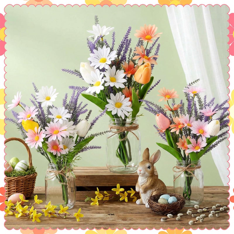 FineCheer 3 Pcs Artificial Flowers with Vase Spring Fake Wildflower Flowers in Vase for Home Decor Lavender Tulip Daisy Faux Floral Arrangement for Table Centerpieces Farmhouse Coffee Table Decor - Image 5