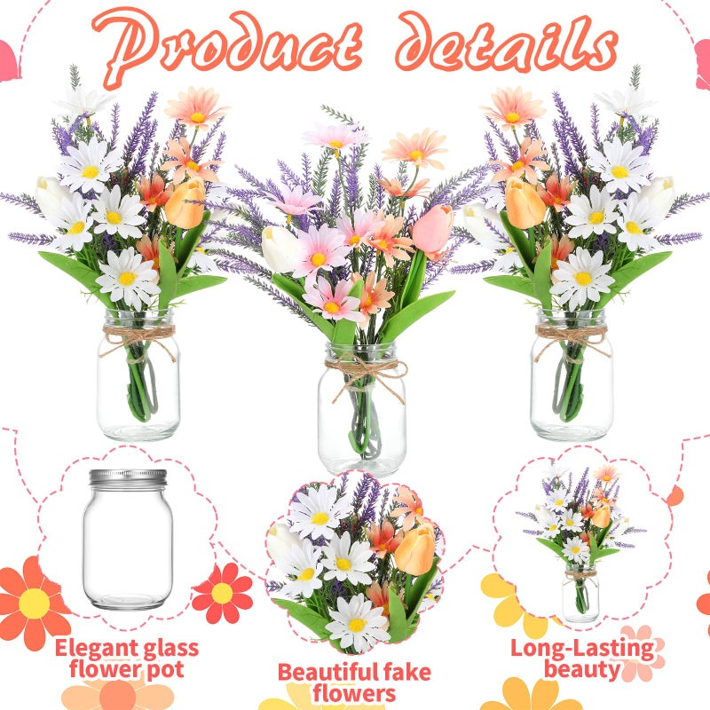 FineCheer 3 Pcs Artificial Flowers with Vase Spring Fake Wildflower Flowers in Vase for Home Decor Lavender Tulip Daisy Faux Floral Arrangement for Table Centerpieces Farmhouse Coffee Table Decor - Image 4