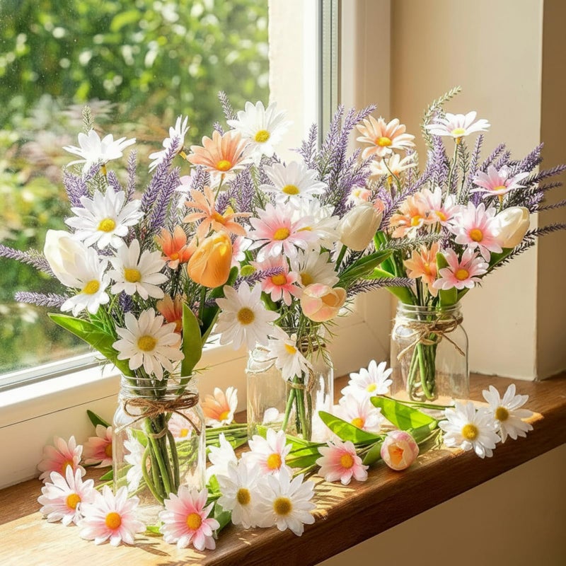 FineCheer 3 Pcs Artificial Flowers with Vase Spring Fake Wildflower Flowers in Vase for Home Decor Lavender Tulip Daisy Faux Floral Arrangement for Table Centerpieces Farmhouse Coffee Table Decor - Image 1