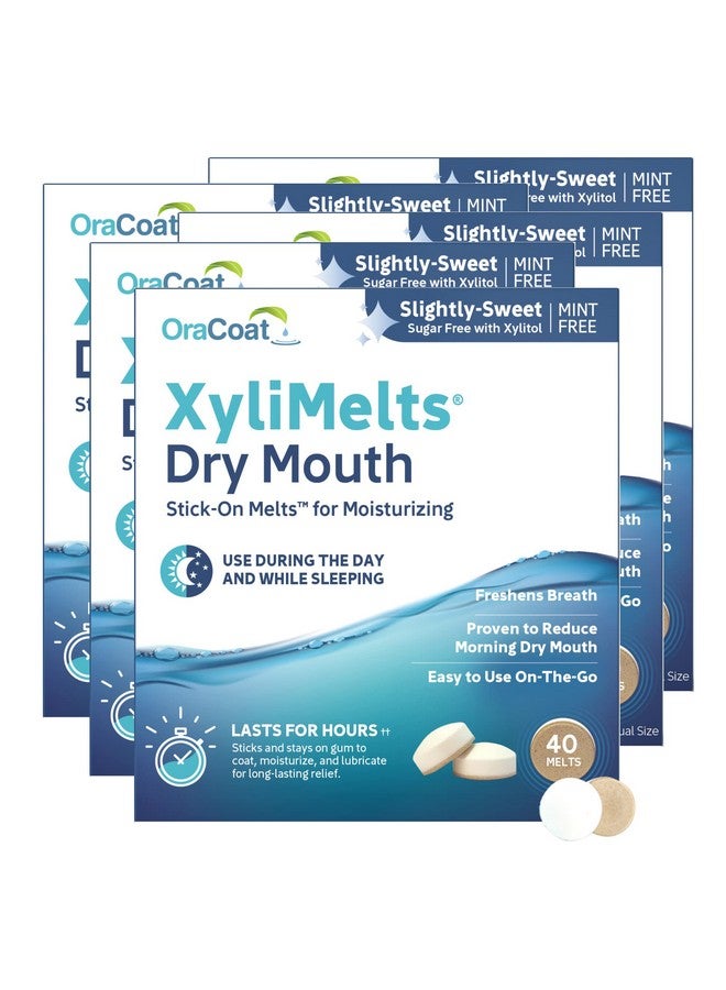 أوراكوت أقراص Xylimelts المرطبة الملتصقة بالفم لتخفيف جفاف الفم، 40 قرصًا، عبوة من 5 قطع، حلوة قليلاً مع إكسيليتول، لعلاج جفاف الفم، تحفز إفراز اللعاب - Image 1
